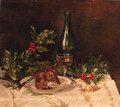 A still life with christmas-pudding, holly and wine - Johanna Helena Looisen
