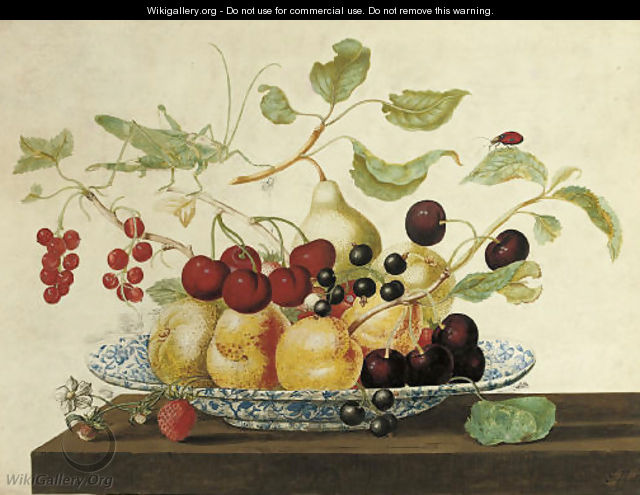 Still life with a grasshoper and a ladybug perched on branches arranged in a Delft bowl - Johanna Helena Herolt Graff