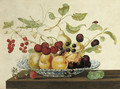 Still life with a grasshoper and a ladybug perched on branches arranged in a Delft bowl - Johanna Helena Herolt Graff