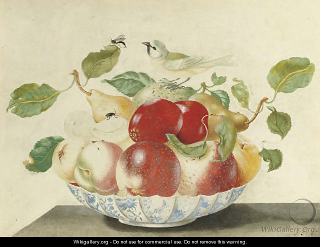 Still life with a bird and insects on a Delft bowl - Johanna Helena Herolt Graff