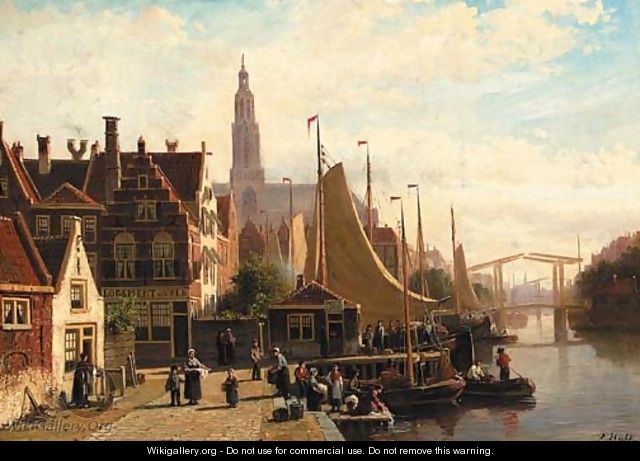 A view of a town in summer with townsfolk on a quay by the Sneek-Lemmer ferry post - Johannes Frederik Hulk