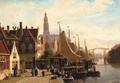 A view of a town in summer with townsfolk on a quay by the Sneek-Lemmer ferry post - Johannes Frederik Hulk