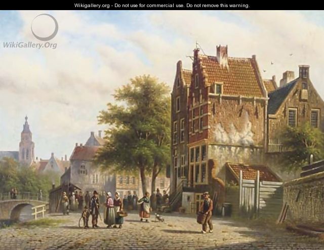 Townsfolk on a sunlit street - Johannes Franciscus Spohler