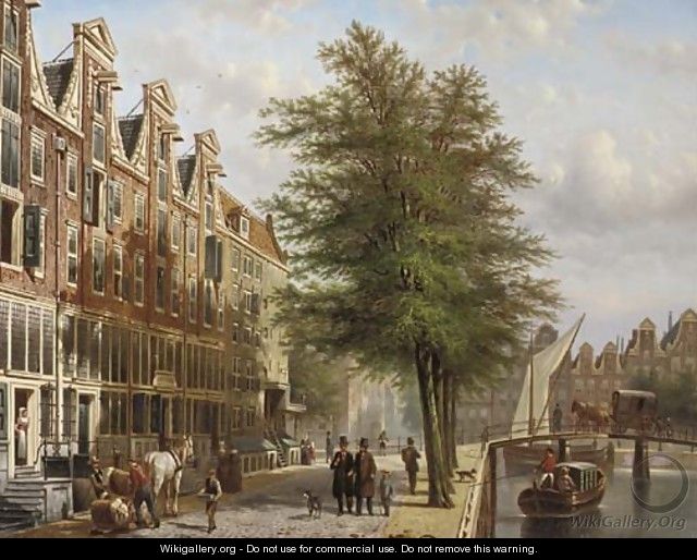 Daily activities along a canal in a Dutch city, Amsterdam - Johannes Franciscus Spohler
