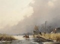 Woodgatherers on the ice on a windy day - Johannes Franciscus Hoppenbrouwers