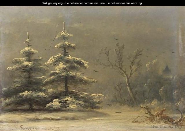 Snowcovered pine-trees in a winter landscape - Johannes Franciscus Hoppenbrouwers