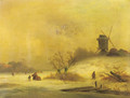 A winterlandscape with peasants near a windmill - Johannes Franciscus Hoppenbrouwers
