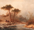 A winter landscape with woodgatherer and a sportsman - Johannes Franciscus Hoppenbrouwers