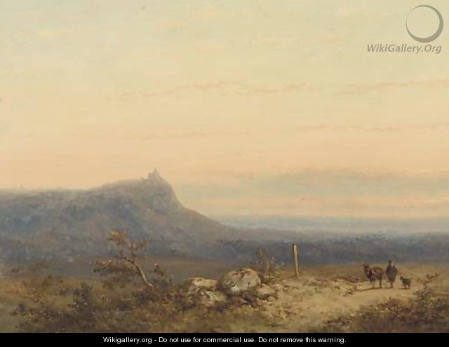 A traveller in an extensive landscape at dusk - Johannes Franciscus Hoppenbrouwers