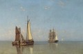 A coastal trader and a fishing barge in calm waters at dawn - Joannes Frederick Schutz