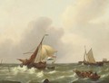 Dutch vessels on a choppy sea by a harbour entrance - Johannes Christian Schotel