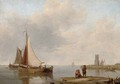 Barges in a calm off the Dutch coast - Johannes Hermanus Koekkoek