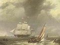 A frigat under sail by a coast - Johannes Hermanus Koekkoek