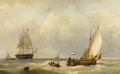 Sailors in a rowingboat approaching a three-master at sea - Johannes Hermanus Koekkoek