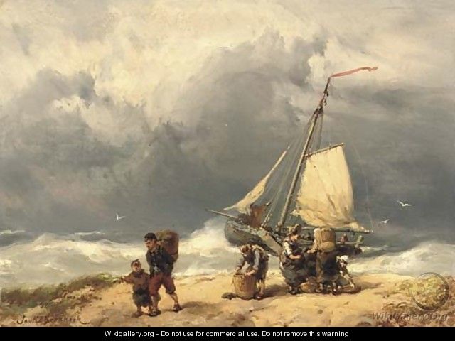 Fisherfolk on a windswept beach - Johannes Hermanus Koekkoek