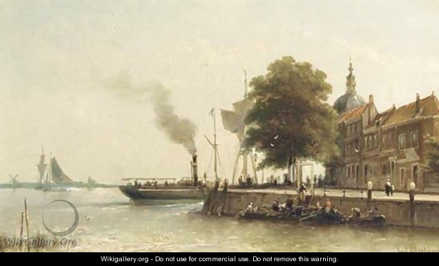 Aan de kade a steamship passing the Groot Hoofd, Dordrecht - Johannes Hermanus Koekkoek