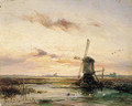 A windmill in a polder landscape at sunset - Johannes Hermanus Koekkoek
