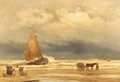 A coastal scene with a shell fisher, fishmongers and a bomschuit in the surf - Johannes Hermanus Koekkoek
