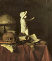 A 'vanitas' with a sculpture of a putto, a globe, a skull, a bone, an hourglass, a flute and books on a draped table - Jan Fris