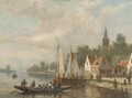 A cattle ferry on a river by a village - Johannes Frederik Hulk