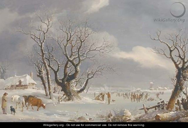 Skaters in a Dutch winter landscape - Johannes Pieter Van Wisselingh