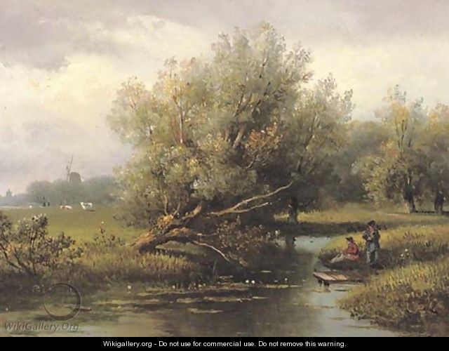 Anglers on a riverbank - Johannes Pieter Van Wisselingh