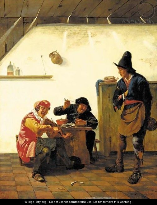 Peasants smoking and making music in an inn - Johannes Natus