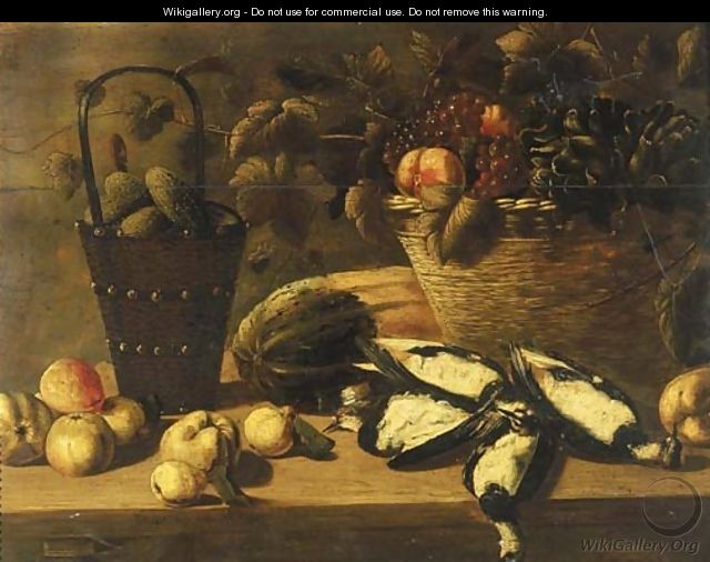 Grapes, peaches and artichokes in a basket with gherkins in a bucket - Johannes Kuveenis I