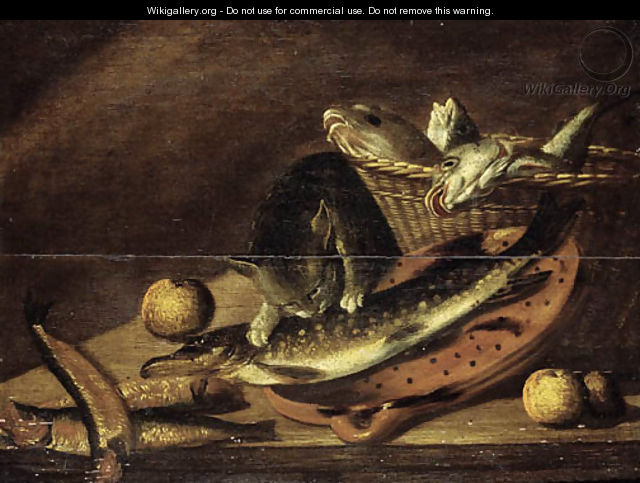 A cat eating from a haddock on an earthenware strainer on a table - Johannes Kuveenis I