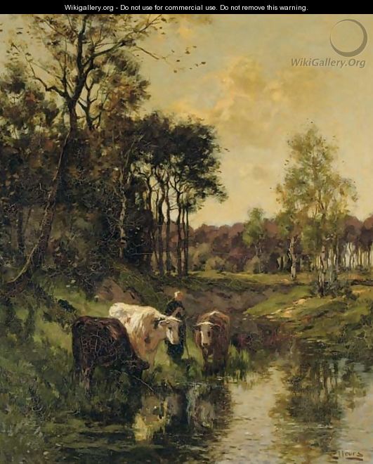 Watering cows by a forest - Johannes Karel Leurs