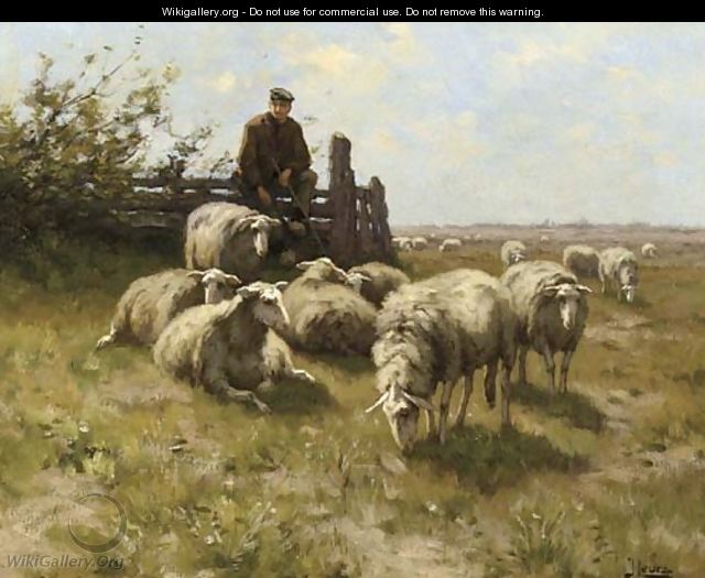 A shepherd with his flock resting on the heath - Johannes Karel Leurs