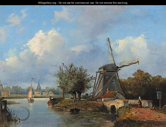 A windmill along a canal with a town in the distance - Johannes Josephus Destree