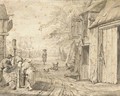 A village street with three peasants by a well, a church beyond - Johannes Huibert Prins