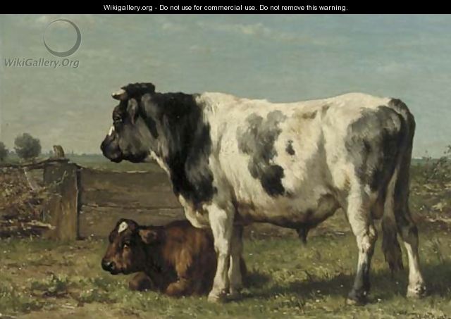 A bull and a calf in a meadow - Johannes-Hubertus-Leonardus de Haas