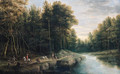 Sportsmen, shepherds and peasants on a track by a brook in a forest, another sportsman shooting duck nearby - Lucas Van Uden