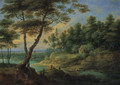 A wooded river landscape with peasants - Lucas Van Uden