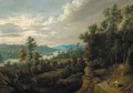 A wooded landscape with peasants resting on a road, a river beyond - Lucas Van Uden