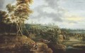 An extensive river landscape with a peasant couple in the foreground, a village kermesse beyond - Lucas Van Uden