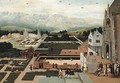 The grounds of a Renaissance Palace with episodes from the story of David and Bathsheba, an extensive landscape beyond - Lucas Gassel