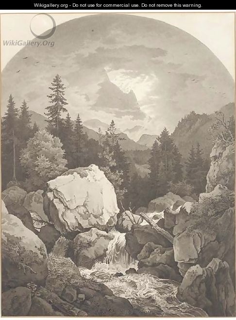 An extensive rocky landscape with a waterfall, mountains seen through clouds beyond - Adrian Ludwig Richter