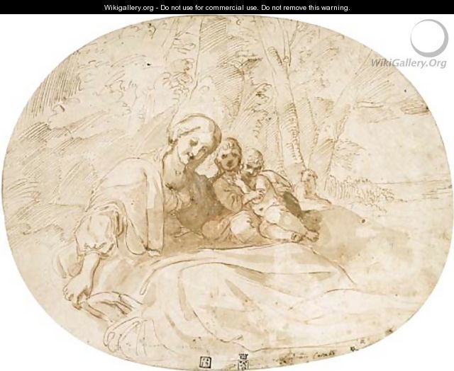 The Virgin and Child with the Infant Baptist in a wooded landscape near the coast - Lodovico Carracci