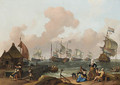 Coastal Scene with the Dutch Fleet under Way, peasants by a jetty in the foreground - Ludolf Backhuyzen