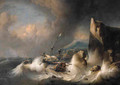 An Amsterdam merchant man and a wijdschip foundering off a rocky coast, in a gale - Ludolf Backhuyzen