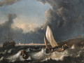 A storm off Hoorn with a wijdschip going about and a pink with its lowered sail - Ludolf Backhuyzen