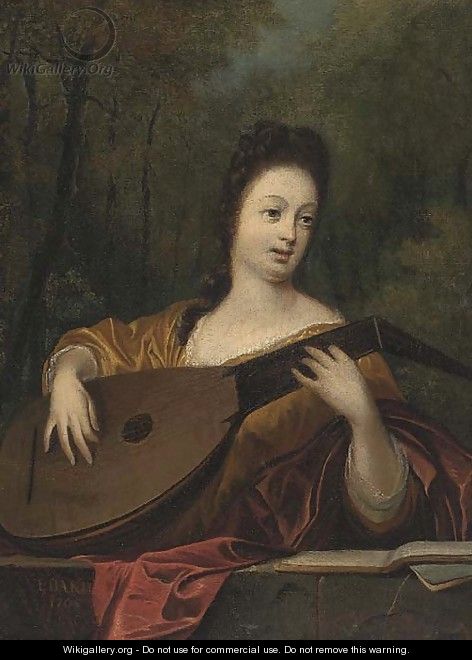 Portait of a lady, half-length, playing the lute - Ludolf Backhuysen