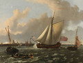 A British sloop and other shipping in a stiff breeze on the Maas by Dordrecht - Ludolf Backhuysen