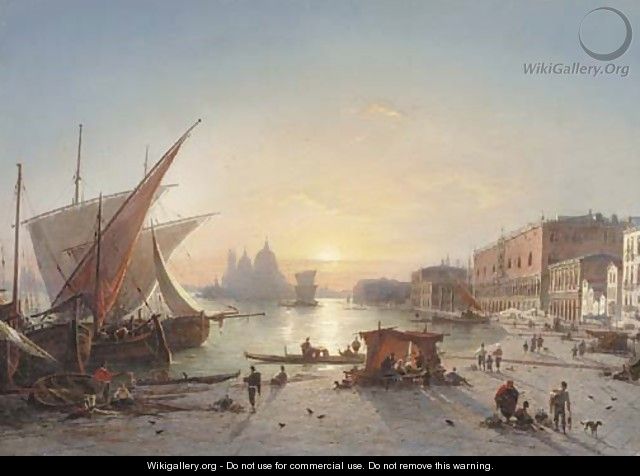 Ships Docked at the Riva degli Schiavoni with Palazzo Ducale and Santa Maria della Salute, Venice - Ludwig Mecklenburg