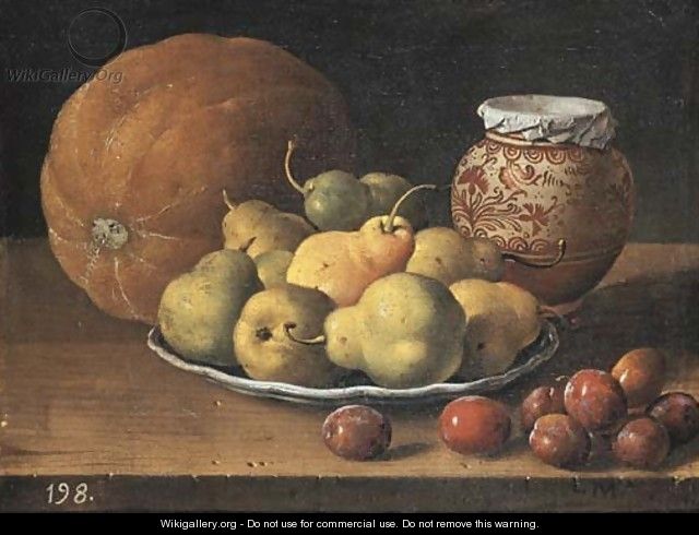 Pears on a plate, a melon, plums, and a decorated Manises jar with plums on a wooden ledge - Luis Eugenio Melendez