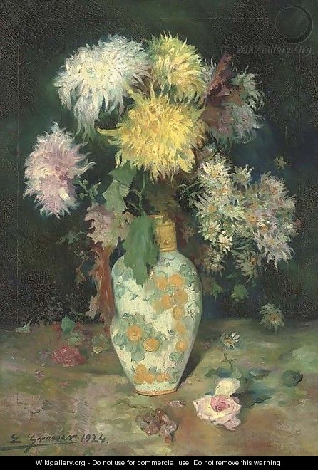 Chrysanthemums and daisies in a ceramic vase - Luis Graner Arrufi
