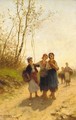 Three young country girls on a road - Luigi Steffani